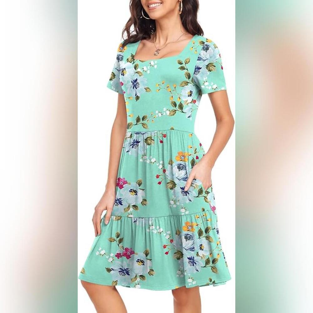 NWT TAOHUADAO Women's Short Sleeve Square Neck Casual Dress, Medium